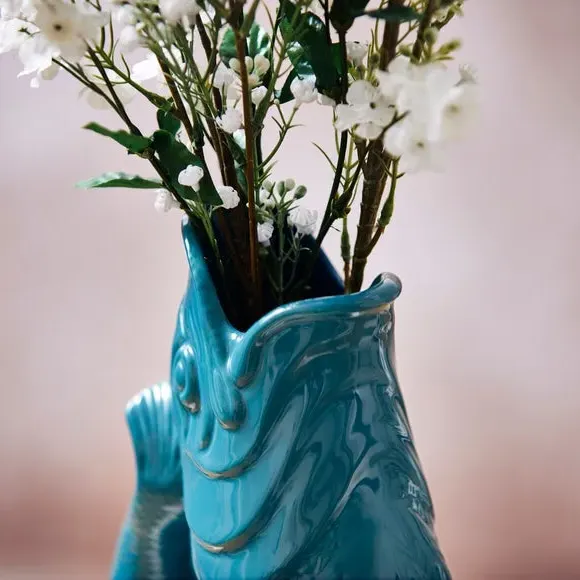 Fish Jug with Glossy Glaze - Teal, Ceramic