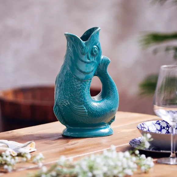 Fish Jug with Glossy Glaze - Teal, Ceramic