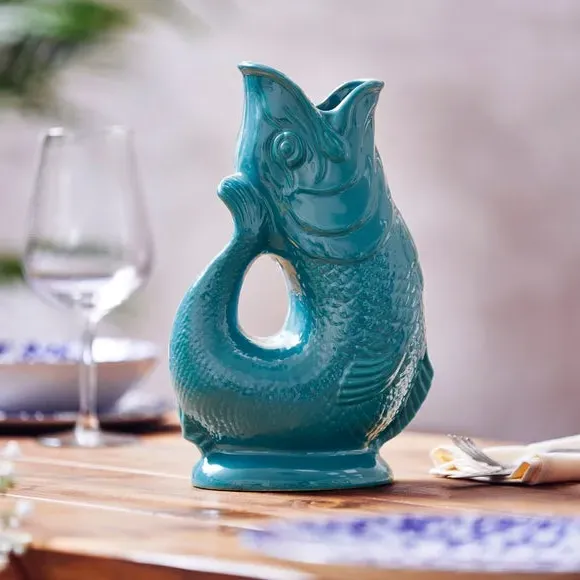 Fish Jug with Glossy Glaze - Teal, Ceramic