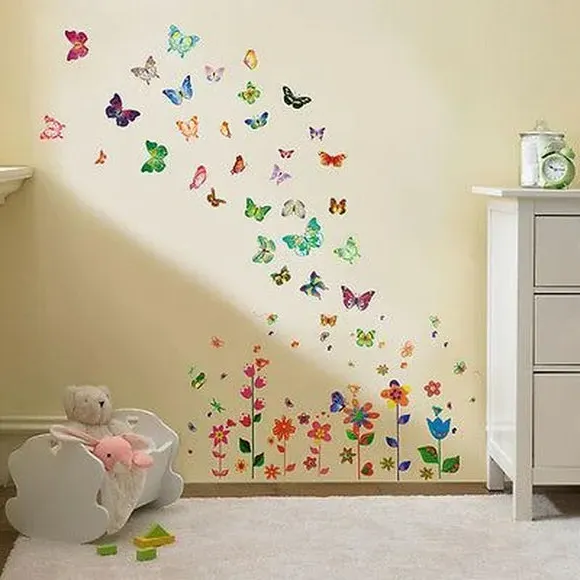 Floral Wall Stickers with Butterflies - Multicolor