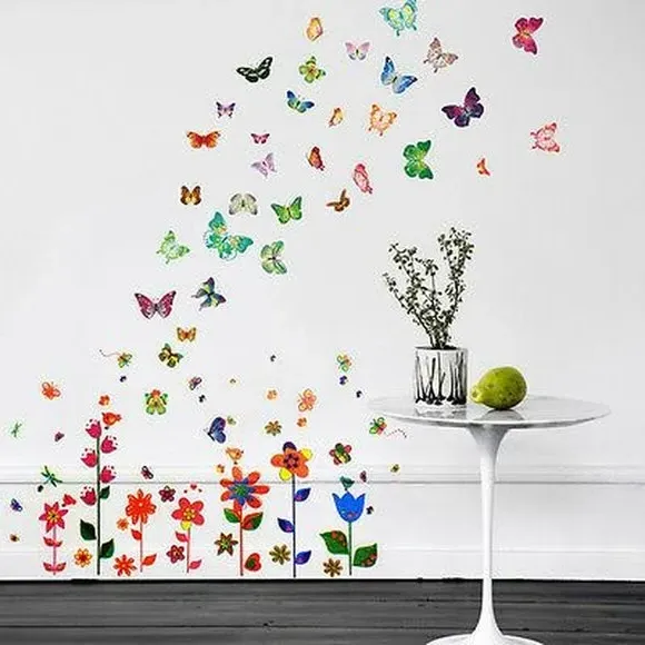 Floral Wall Stickers with Butterflies - Multicolor image