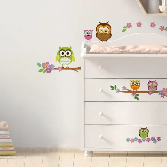 Owl Flower Tree Wall Sticker - Multicolor, Vinyl