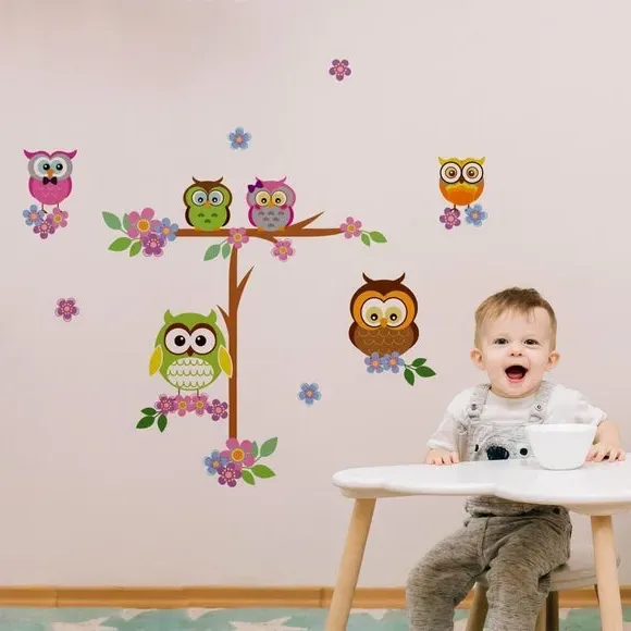 Owl Flower Tree Wall Sticker - Multicolor, Vinyl