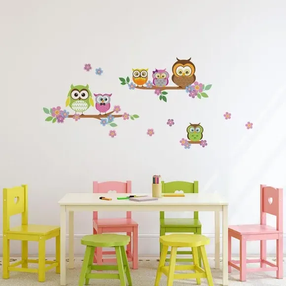 Owl Flower Tree Wall Sticker - Multicolor, Vinyl image