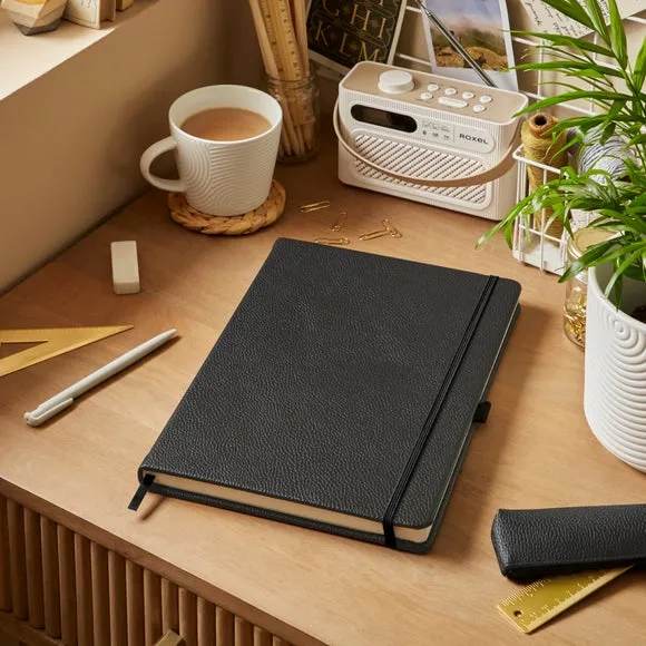 Ruled Notebook with Bookmark - Black, Faux Leather