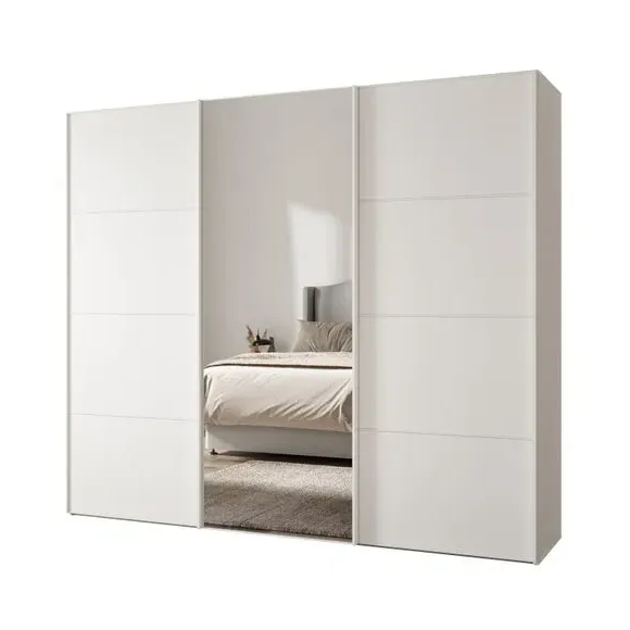 3-Door Sliding Wardrobe with Mirror - Off-White
