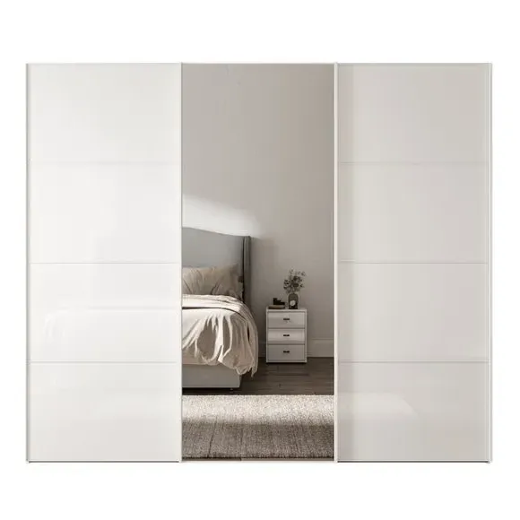 3-Door Sliding Wardrobe with Mirror - Off-White