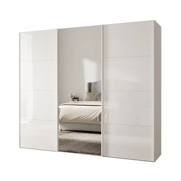3-Door Sliding Wardrobe with Mirror - Off-White