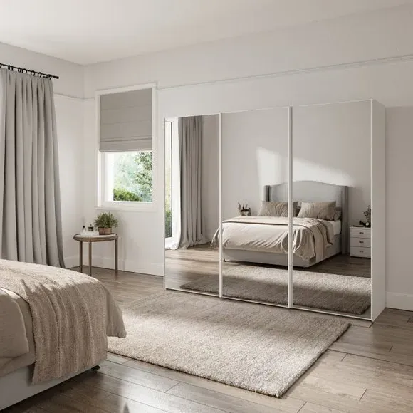 3-Door Sliding Wardrobe with Mirror - Off-White