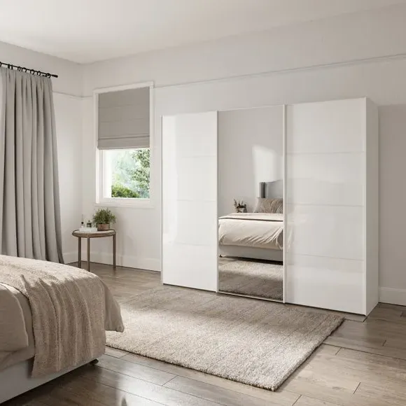 3-Door Sliding Wardrobe with Mirror - Off-White