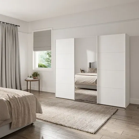 3-Door Sliding Wardrobe with Mirror - Off-White