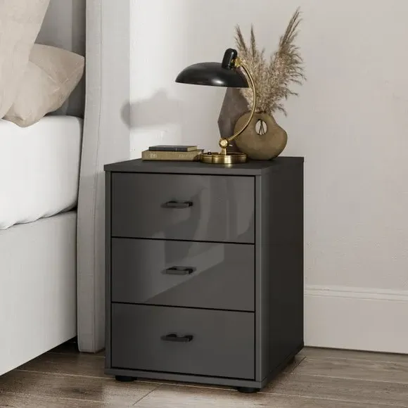 3-Drawer Bedside Table Glass Front - Graphite image