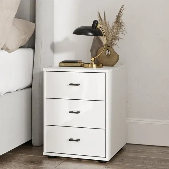 3-Drawer Bedside Table Glass Front - Off-White