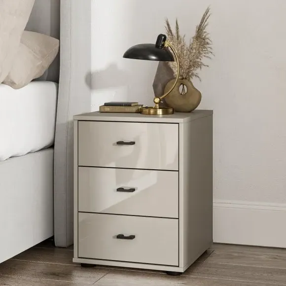 3-Drawer Bedside Table Glass Front - Pebble