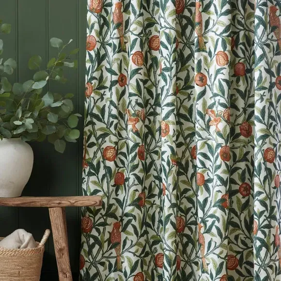 Bird Pomegranate Pencil Pleat Curtains - Forest