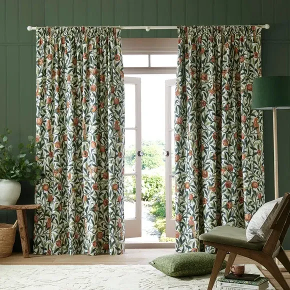 Bird Pomegranate Pencil Pleat Curtains - Forest