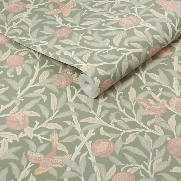 Bird Pomegranate Wallpaper - Green, Paper