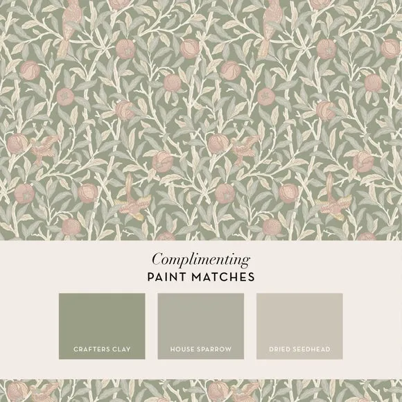 Bird Pomegranate Wallpaper - Green, Paper