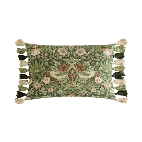 Floral Cushion with Tassels - Green, Cotton