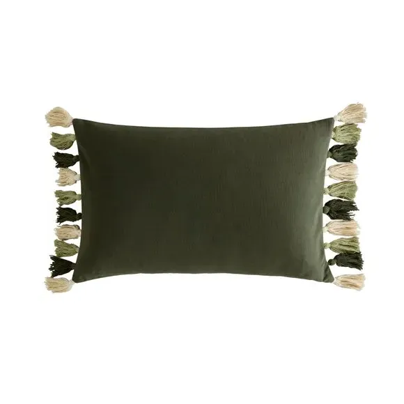 Floral Cushion with Tassels - Green, Cotton