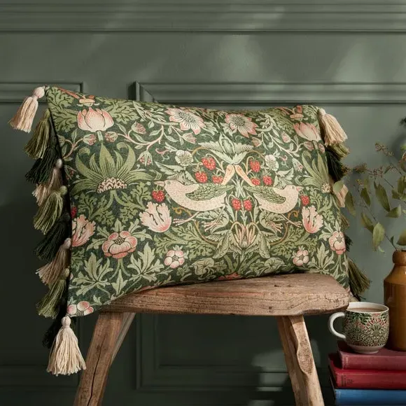 Floral Cushion with Tassels - Green, Cotton image