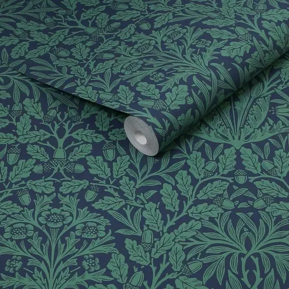 Floral Wallpaper with Acorn Design - Blue