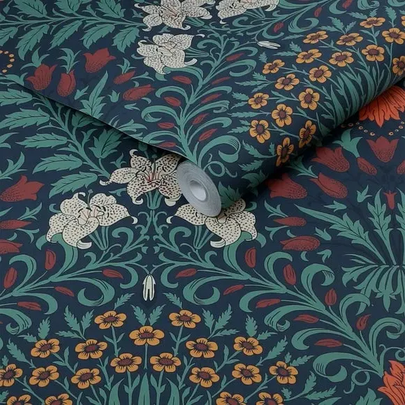 Floral Wallpaper with Bold Print - Blue