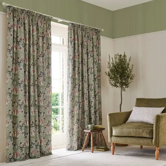 Pencil Pleat Curtains Artichoke Print - Sage