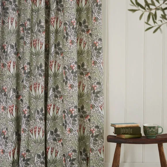 Pencil Pleat Curtains Artichoke Print - Sage