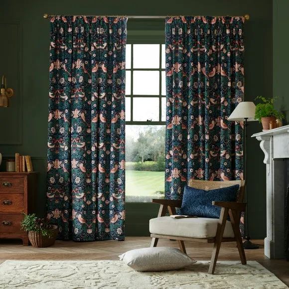 Pencil Pleat Curtains with Pattern - Navy, Velvet