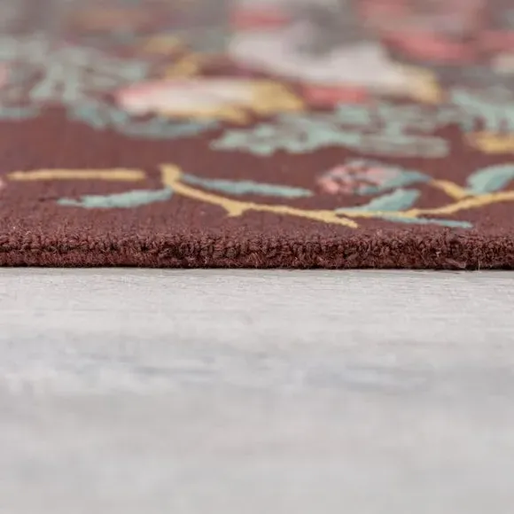 Strawberry Thief Wool Rug - Merlot, Handcrafted