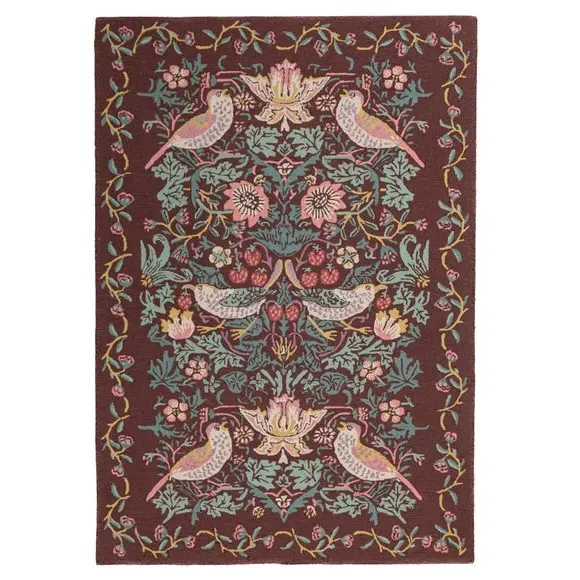 Strawberry Thief Wool Rug - Merlot, Handcrafted