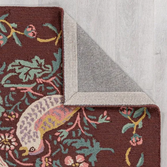 Strawberry Thief Wool Rug - Merlot, Handcrafted