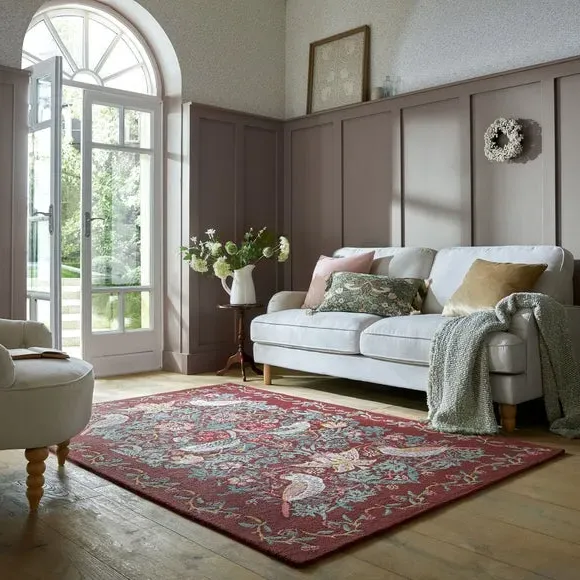 Strawberry Thief Wool Rug - Merlot, Handcrafted