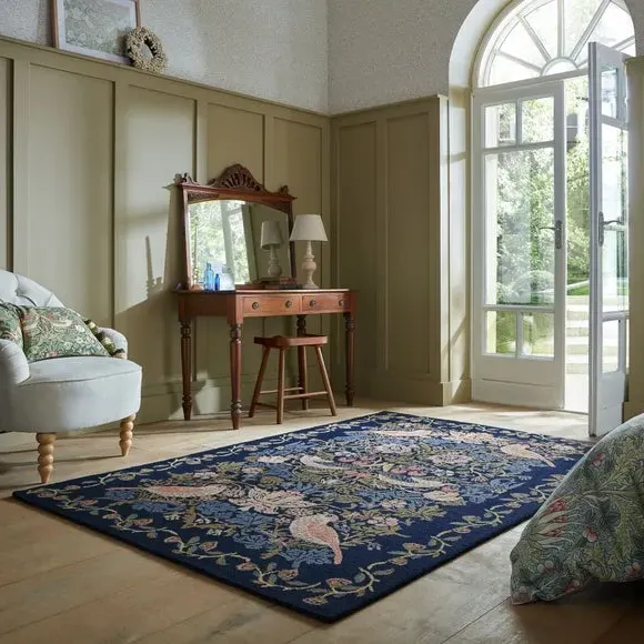 Strawberry Thief Wool Rug - Midnight, Handcrafted