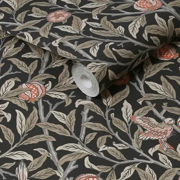 Bird Pomegranate Wallpaper - Charcoal