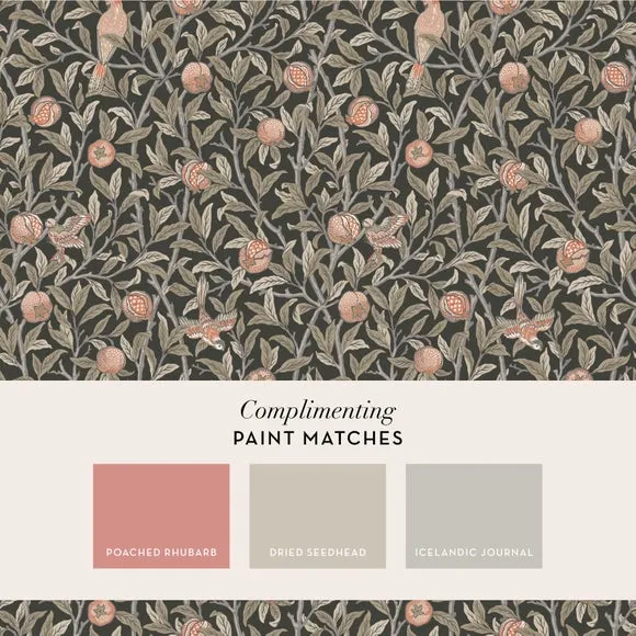 Bird Pomegranate Wallpaper - Charcoal