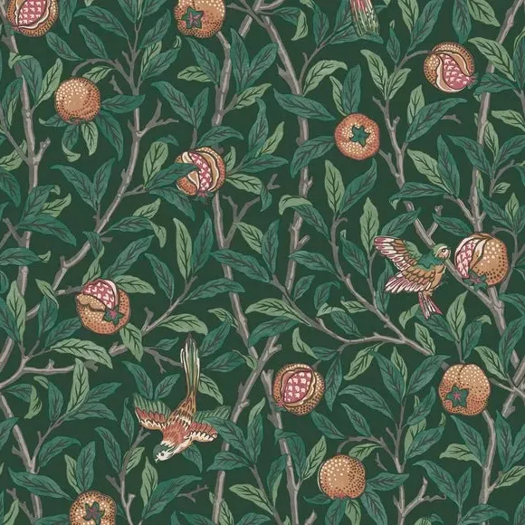 Bird Pomegranate Wallpaper - Dark Green