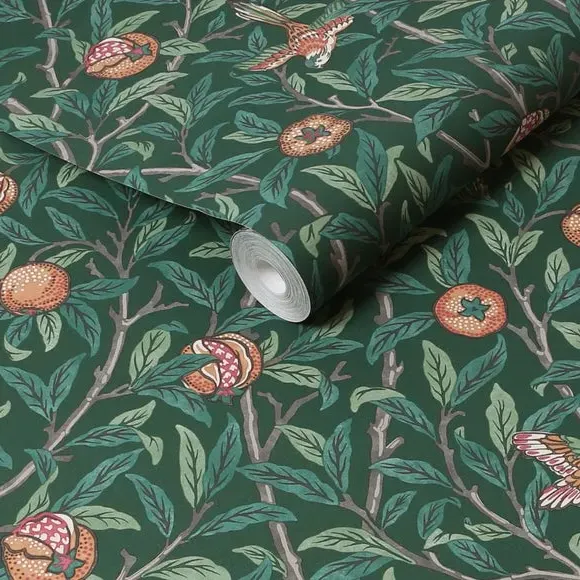 Bird Pomegranate Wallpaper - Dark Green