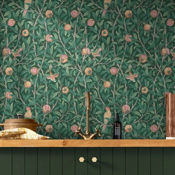 Bird Pomegranate Wallpaper - Dark Green