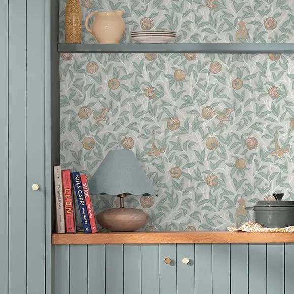 Bird Pomegranate Wallpaper - Duck Egg