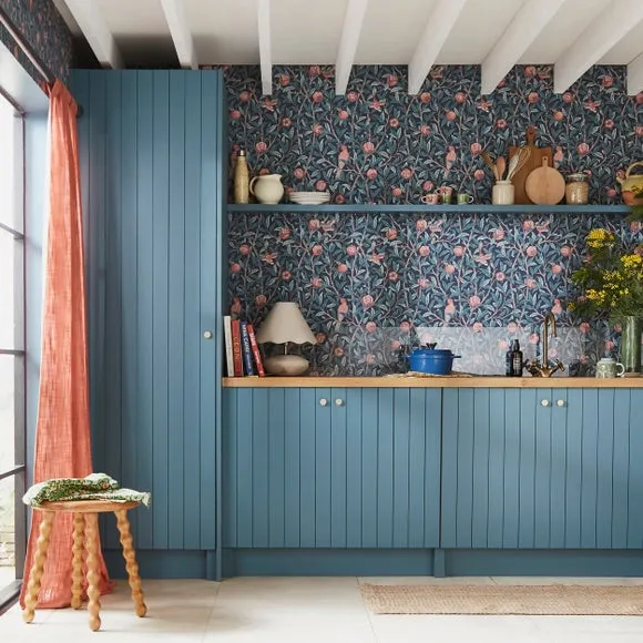 Bird Pomegranate Wallpaper - Navy