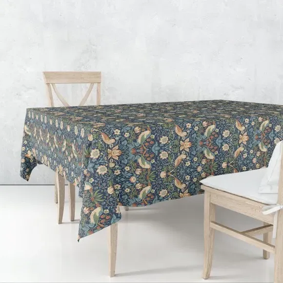 Coated Tablecloth with Birds Pattern - Navy, Cotton