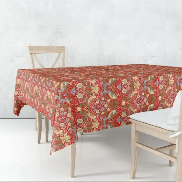 Coated Tablecloth with Birds Pattern - Red, Cotton