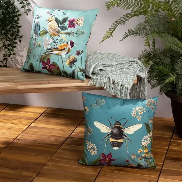 Outdoor Cushion with Bee Design - Teal, Polyester