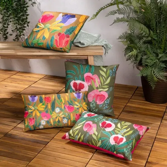 Outdoor Cushion with Poppy Print - Olive, Polyester