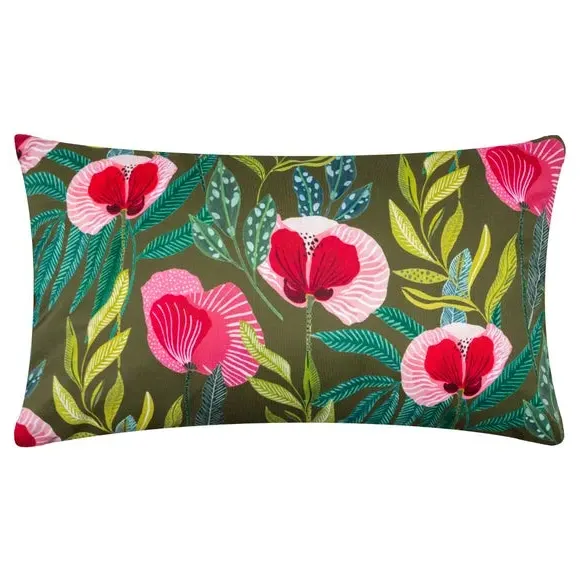 Outdoor Cushion with Poppy Print - Olive, Polyester image