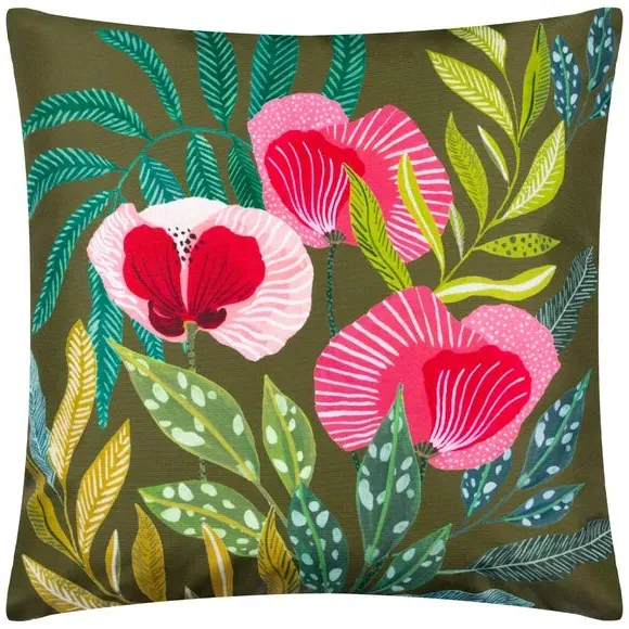 Outdoor Cushion with Poppy Print - Olive, Polyester