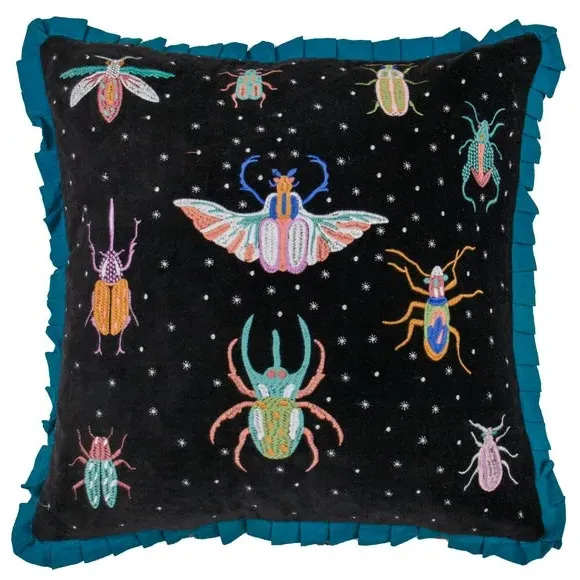 Square Cushion with Frilled Edge - Teal, Velvet