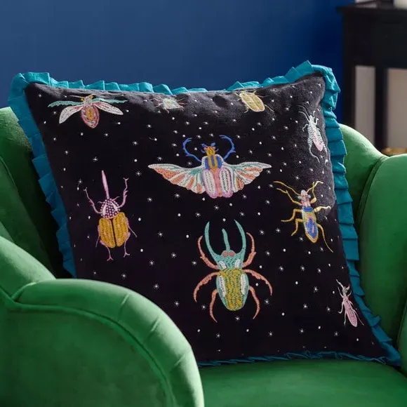 Square Cushion with Frilled Edge - Teal, Velvet